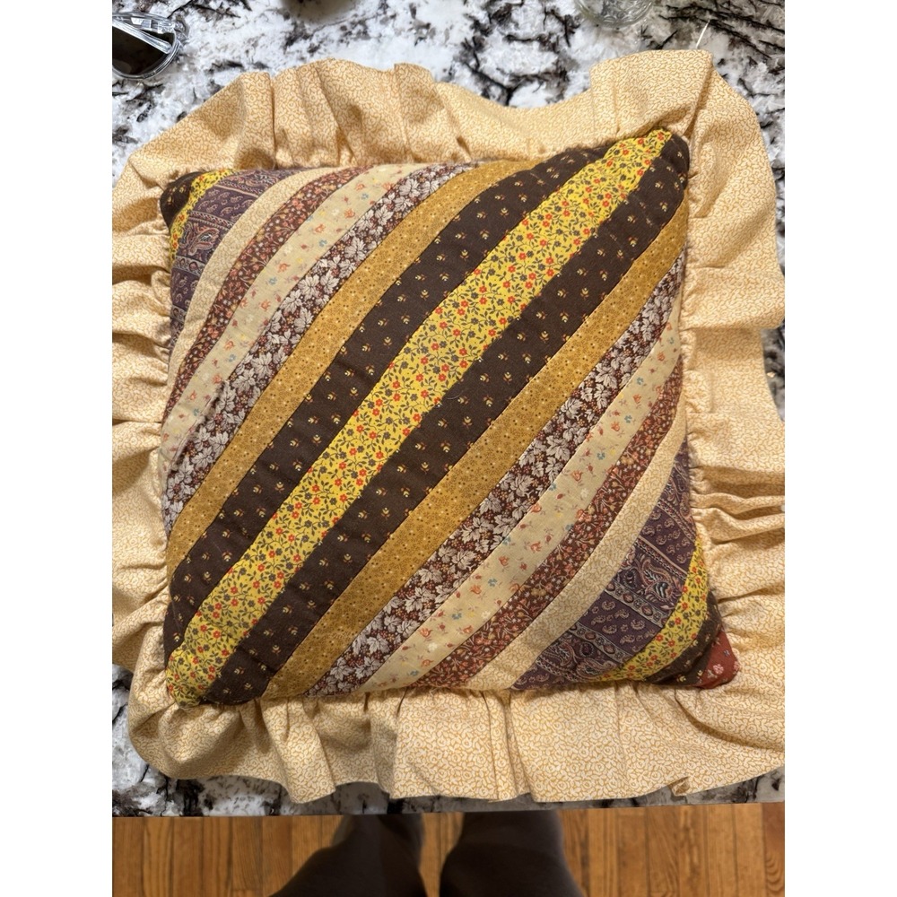 Handmade Quilted Patchwork Pillow 16" Brown Gold Floral Ruffle Country Cottage